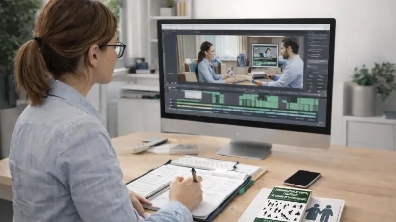 Psicóloga analizando una sesión clínica en pantalla con edición de video y libro de comunicación no verbal sobre el escritorio